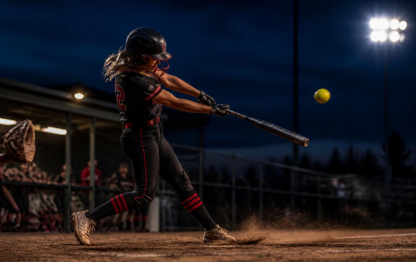 High school softball player swinging under the lights